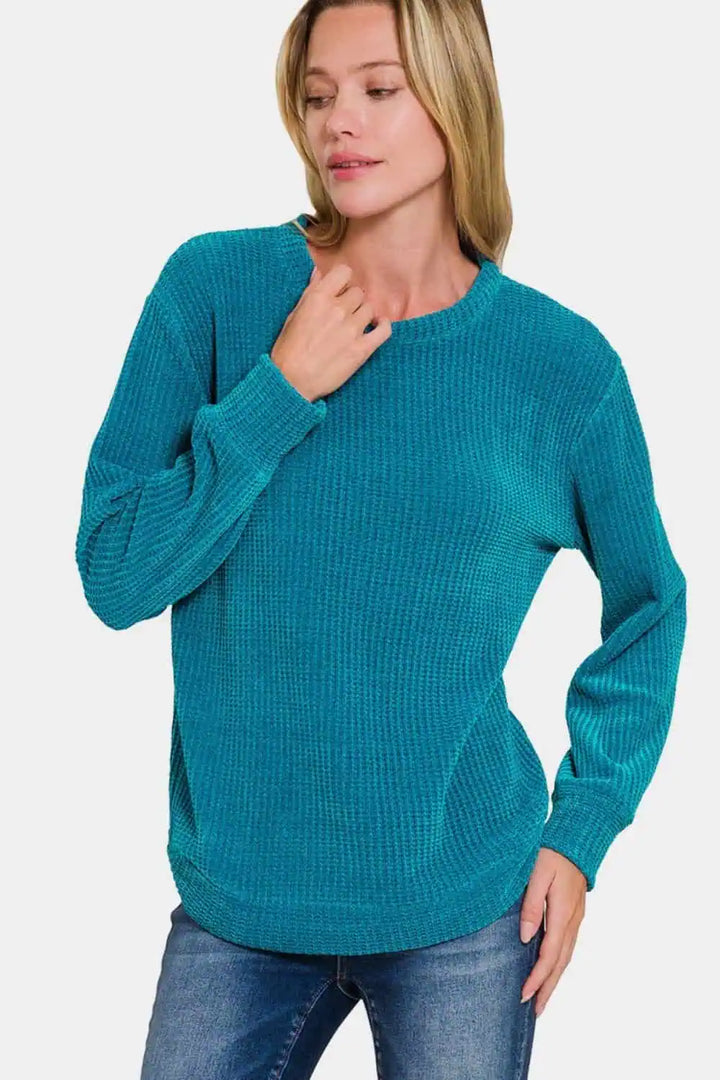 Chenille Waffle Round Neck Sweater Tops