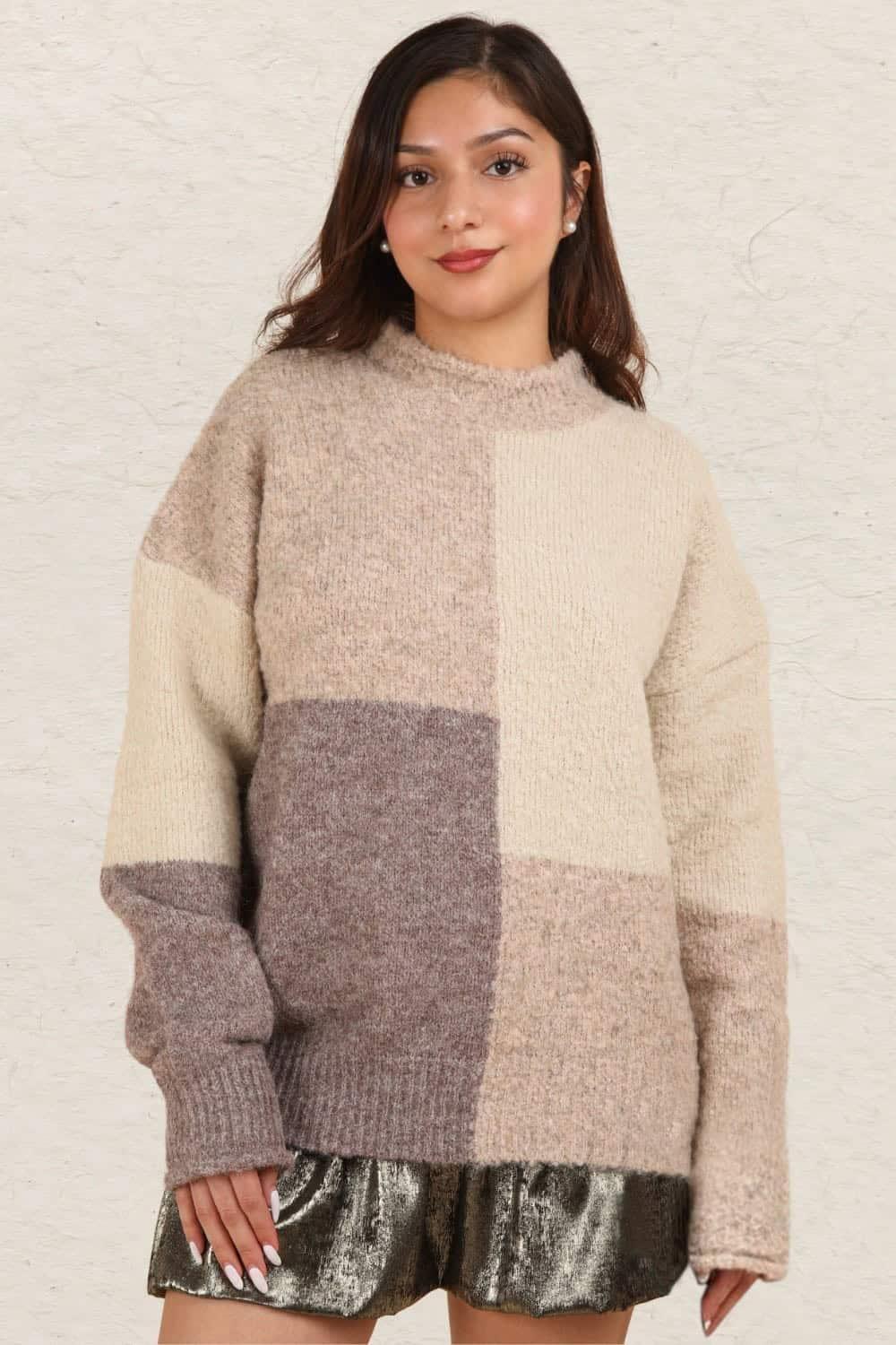 VERY J Color Block Mock Neck Drop Shoulder Sweater Sweaters