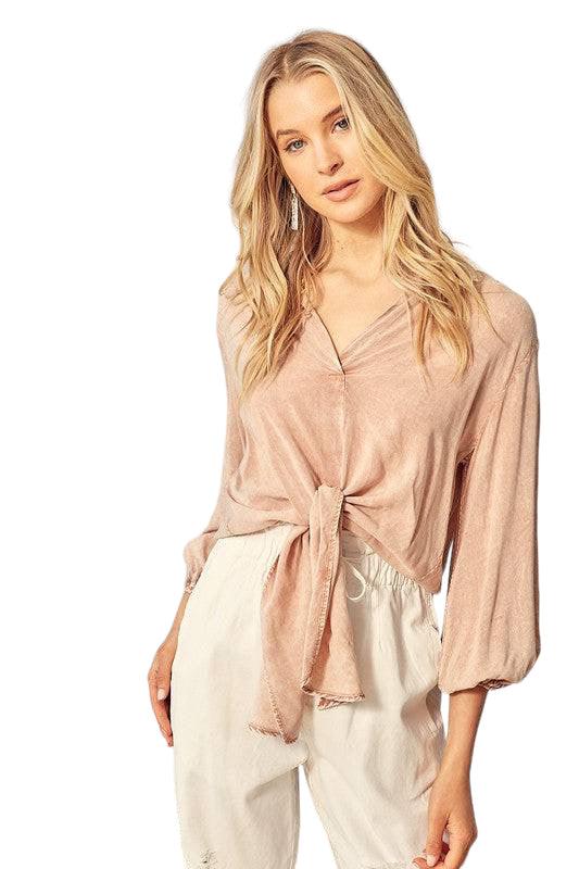 Long Sleeve Waist Tie Tunic Top BROWN SUGAR Shirts & Tops