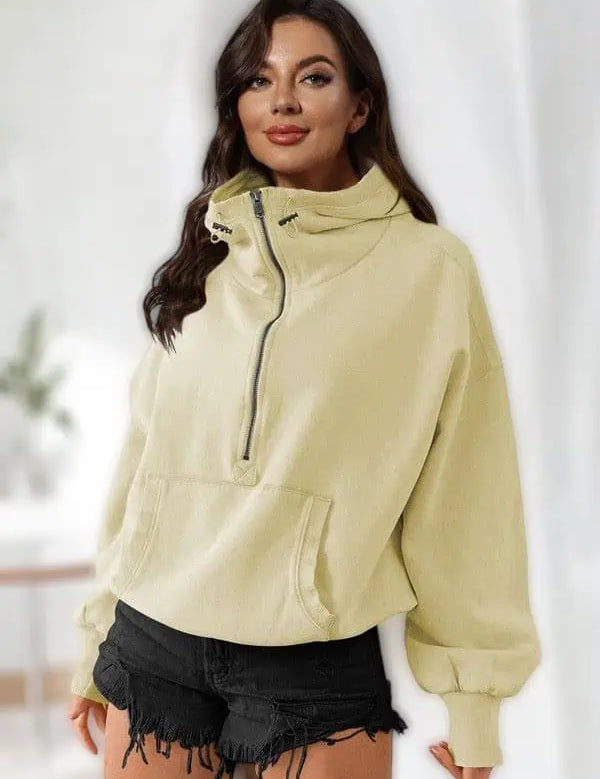 Half Zip Lightweight Hoodie Sweatshirt Beige Tops