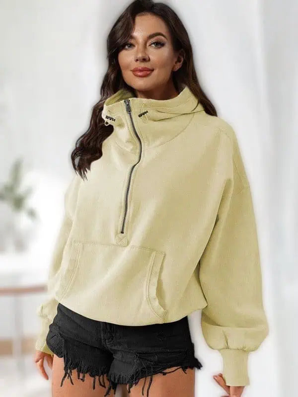 Half Zip Lightweight Hoodie Sweatshirt Beige Tops