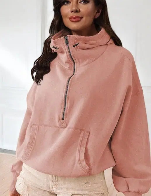 Half Zip Lightweight Hoodie Sweatshirt light pink Tops