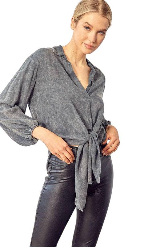 Long Sleeve Waist Tie Tunic Top CHARCOAL Shirts & Tops