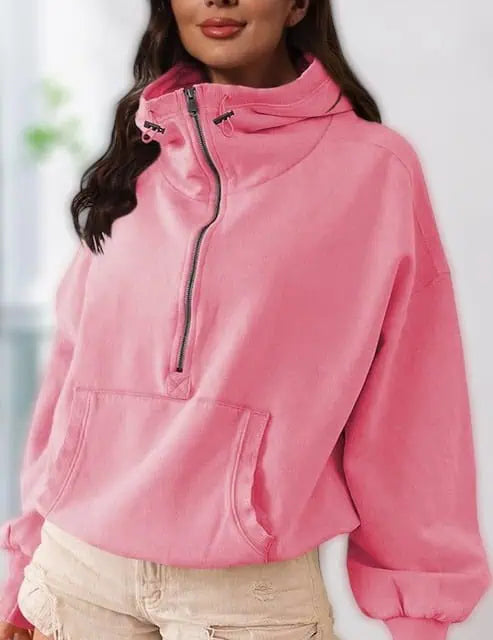 Half Zip Lightweight Hoodie Sweatshirt Pink Tops