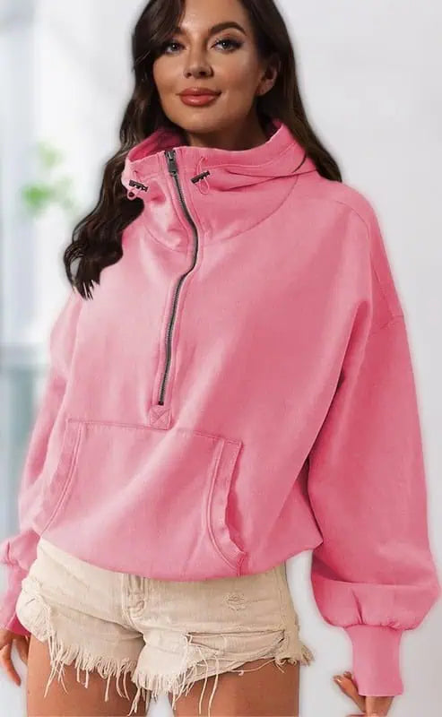 Half Zip Lightweight Hoodie Sweatshirt Pink Tops