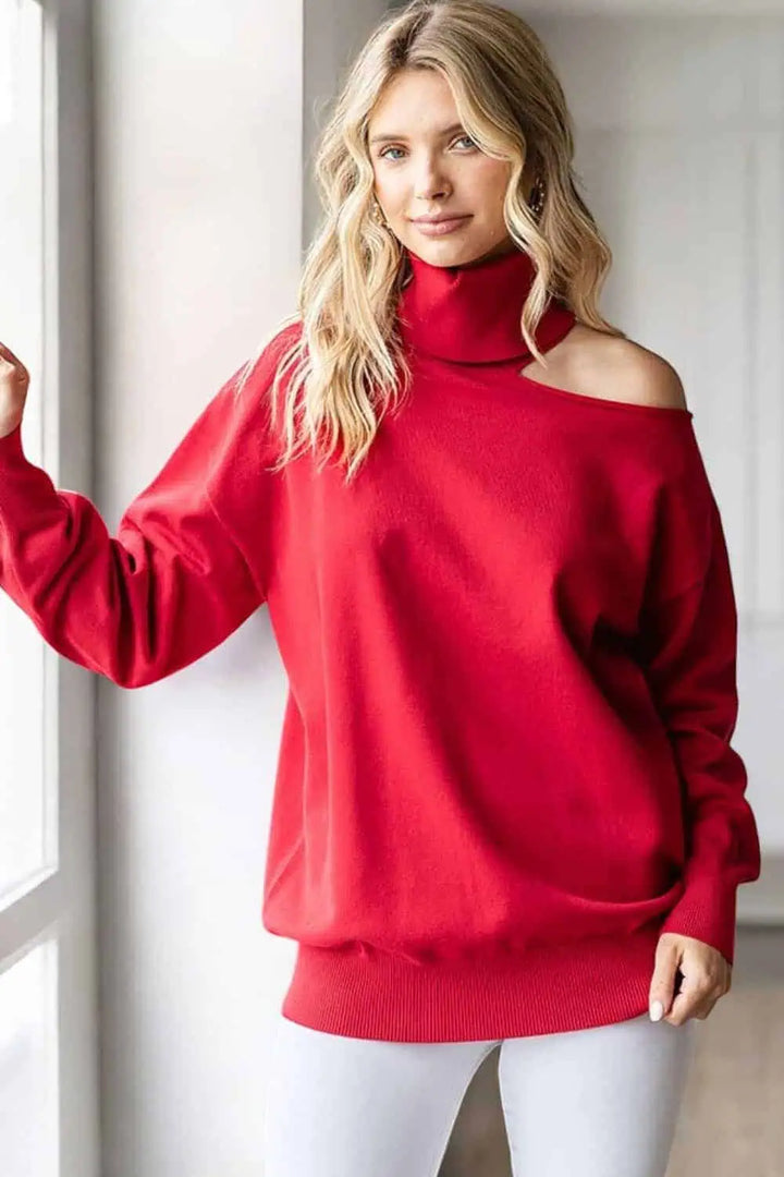 First Love Cut Out Shoulder Turtleneck Sweater Tops