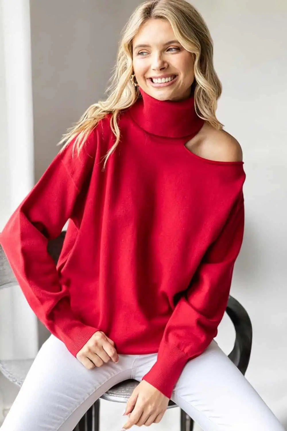 First Love Cut Out Shoulder Turtleneck Sweater Tops