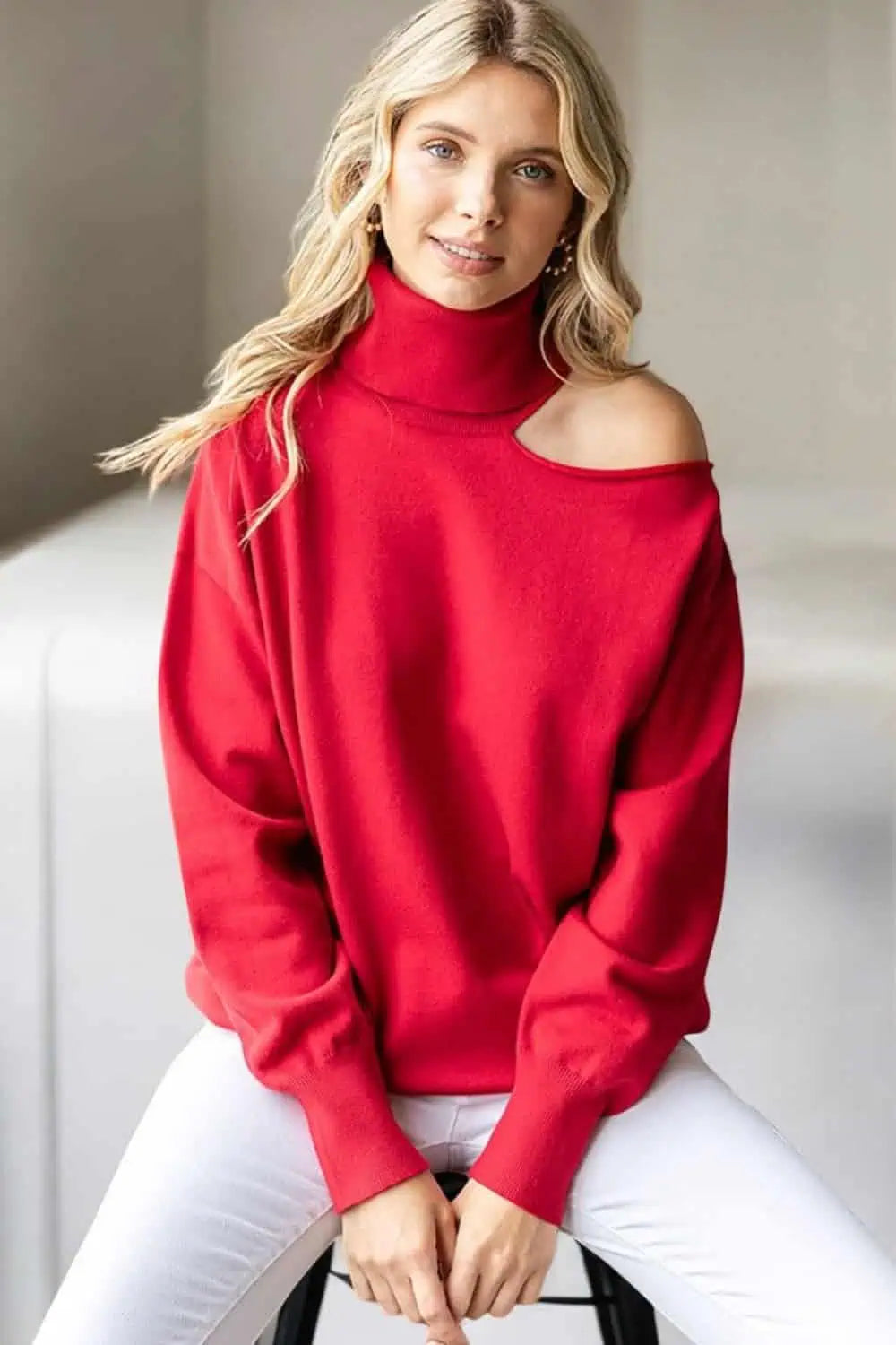 First Love Cut Out Shoulder Turtleneck Sweater Tops