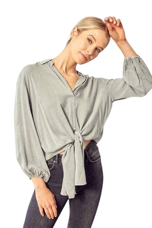 Long Sleeve Waist Tie Tunic Top BLUE GREY Shirts & Tops