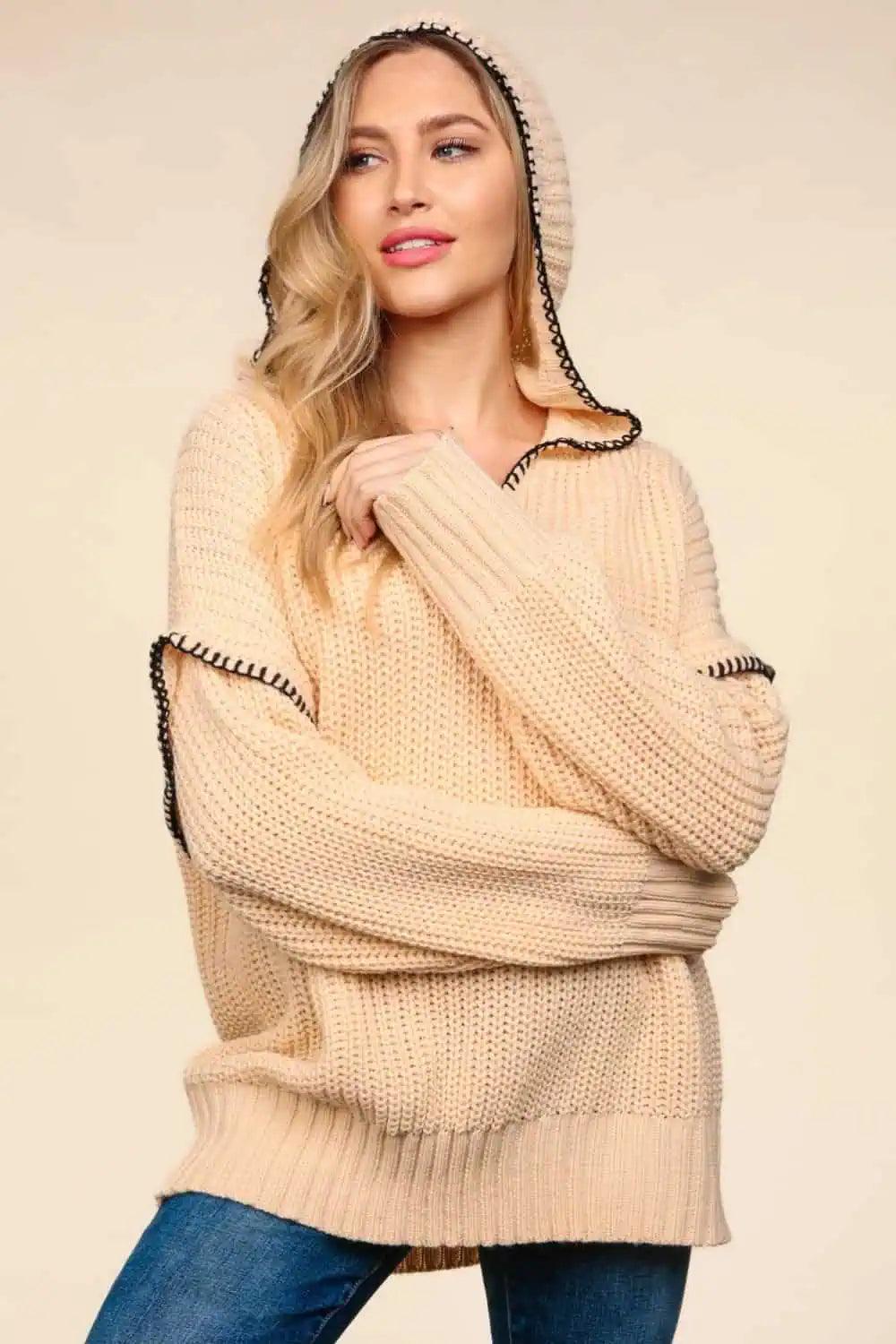 Haptics Contrast Stitching Long Sleeve Hooded Sweater Sweaters