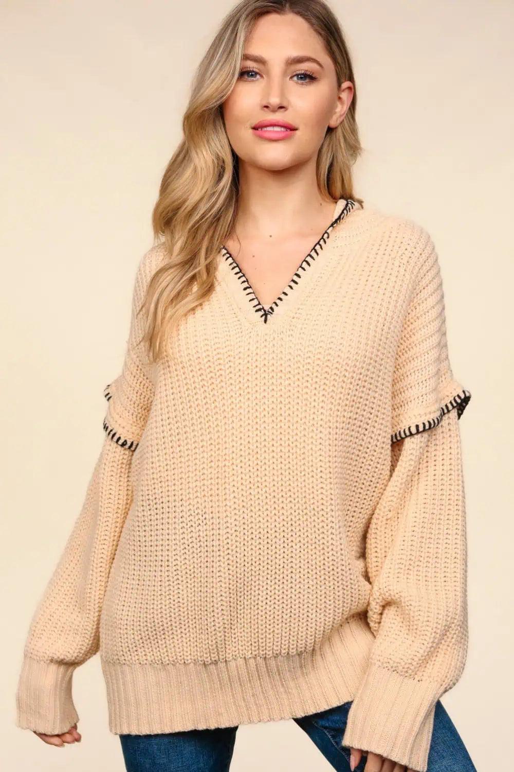 Haptics Contrast Stitching Long Sleeve Hooded Sweater Sweaters