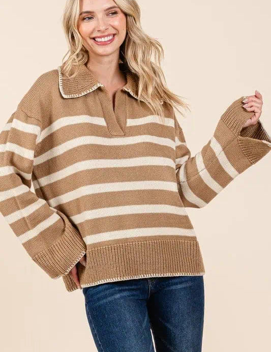 Striped Knit Bell Sleeve Sweater Tops