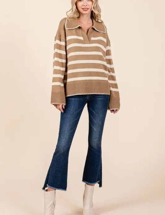 Striped Knit Bell Sleeve Sweater Tops