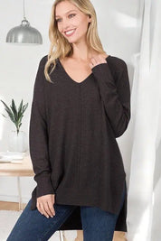 Hi-Low Hem V-Neck Center Seam Sweater Tops