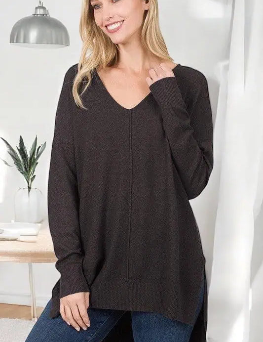 Hi-Low Hem V-Neck Center Seam Sweater Tops