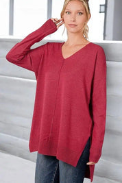 Hi-Low Hem V-Neck Center Seam Sweater Tops