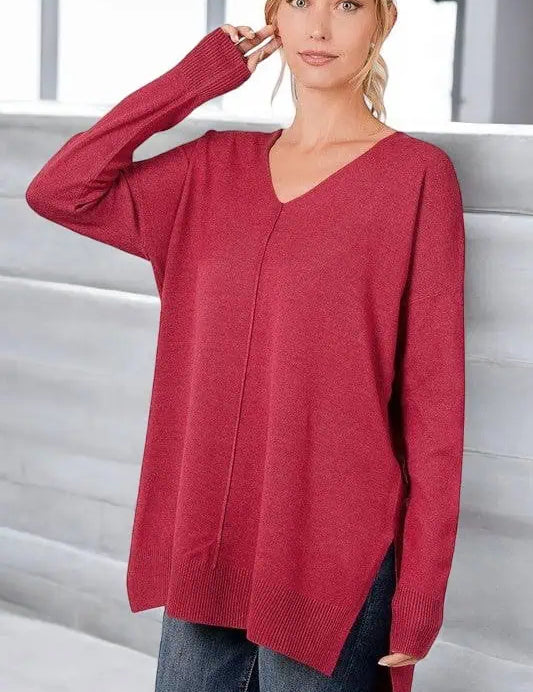 Hi-Low Hem V-Neck Center Seam Sweater Tops