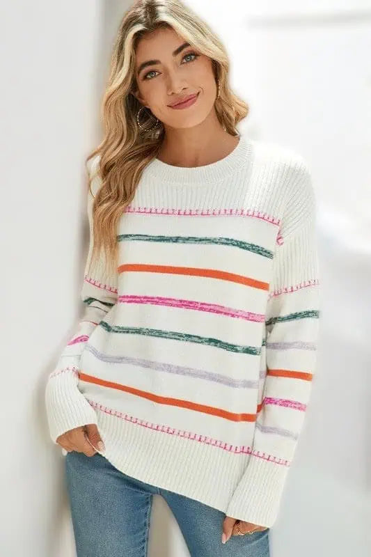 Striped Ribbed Trim Round Neck Sweater Tops