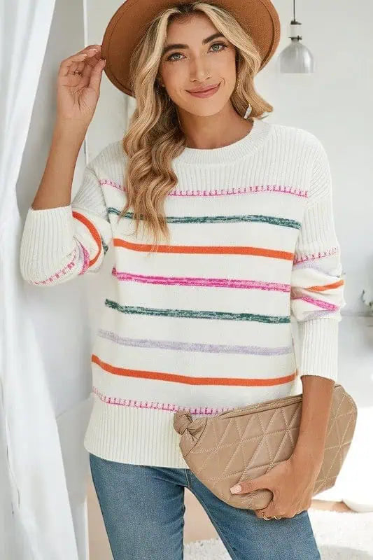 Striped Ribbed Trim Round Neck Sweater Tops