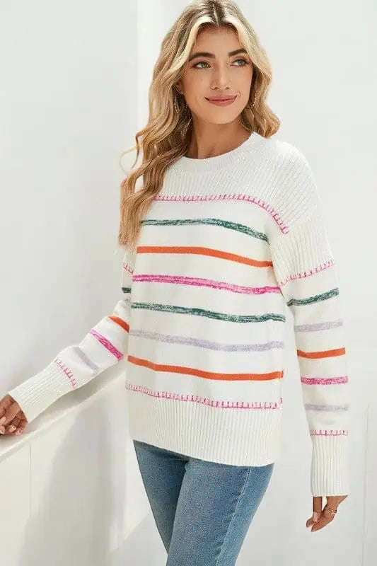 Striped Ribbed Trim Round Neck Sweater Tops