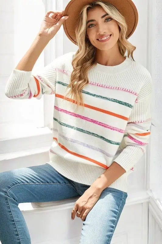 Striped Ribbed Trim Round Neck Sweater Tops