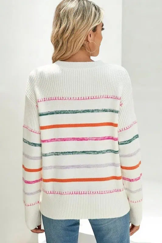 Striped Ribbed Trim Round Neck Sweater Tops