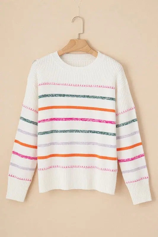 Striped Ribbed Trim Round Neck Sweater Tops