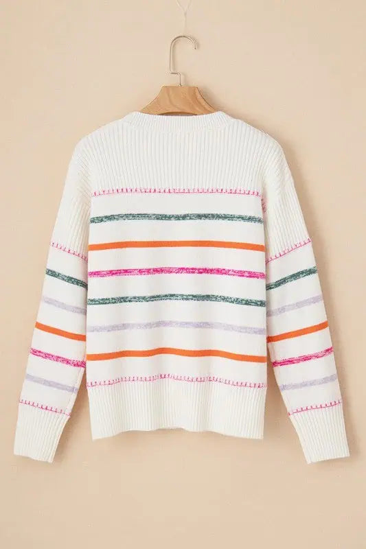 Striped Ribbed Trim Round Neck Sweater Tops