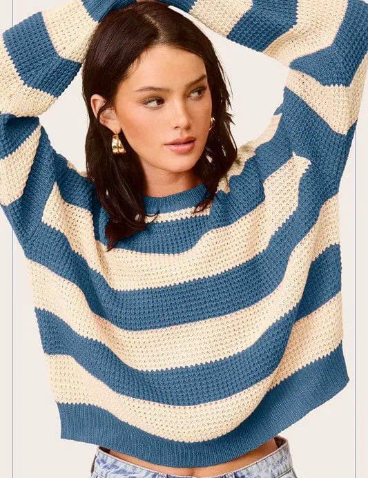 Striped Round Neck Loose Fit Sweater DENIM Tops