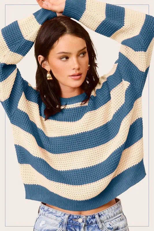 Striped Round Neck Loose Fit Sweater DENIM Tops