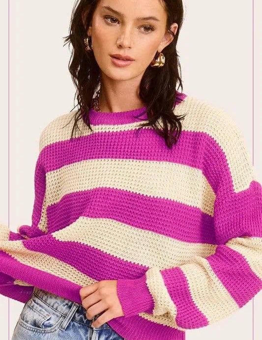 Striped Round Neck Loose Fit Sweater FUCHSIA Tops