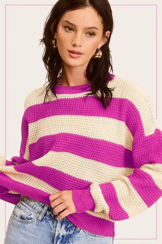 Striped Round Neck Loose Fit Sweater FUCHSIA Tops