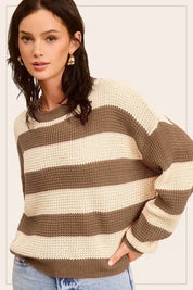 Striped Round Neck Loose Fit Sweater KHAKI Tops