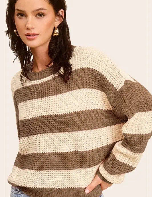 Striped Round Neck Loose Fit Sweater KHAKI Tops