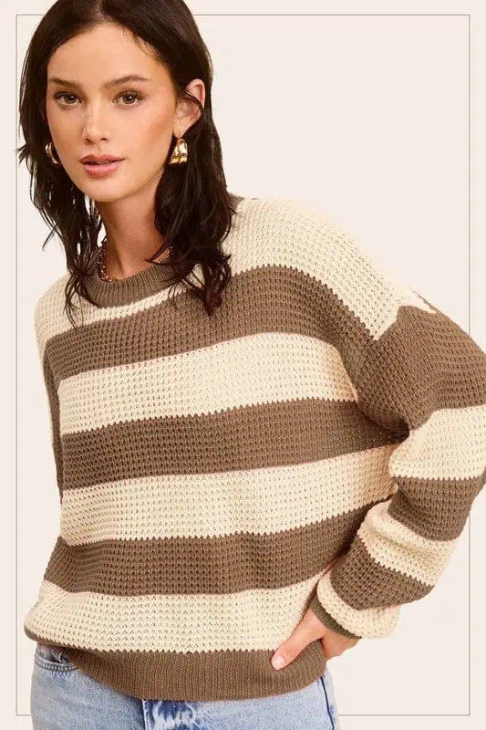 Striped Round Neck Loose Fit Sweater KHAKI Tops