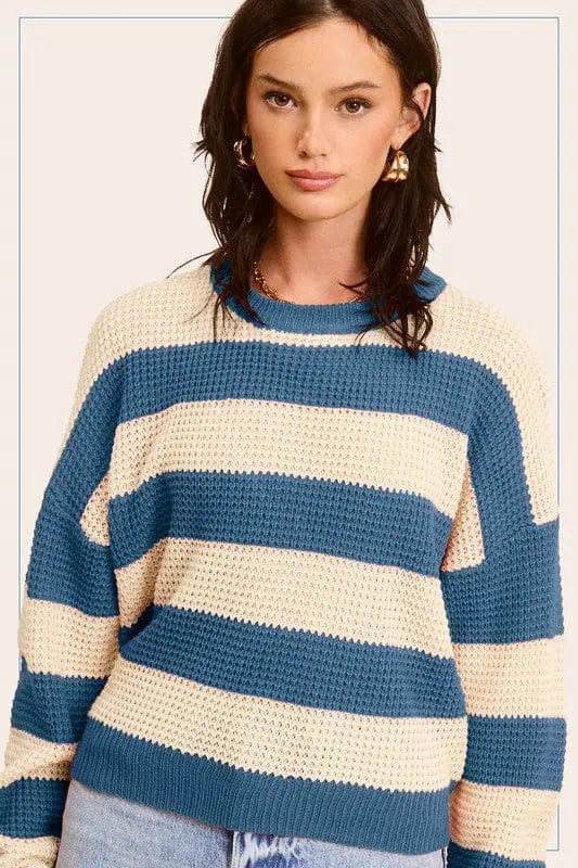 Striped Round Neck Loose Fit Sweater Tops