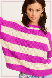 Striped Round Neck Loose Fit Sweater Tops