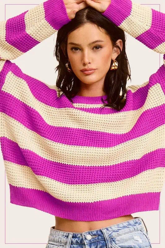 Striped Round Neck Loose Fit Sweater Tops