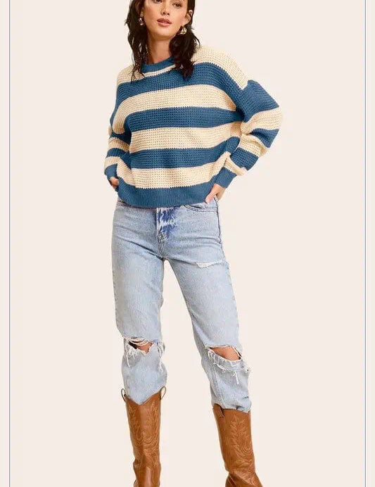 Striped Round Neck Loose Fit Sweater Tops