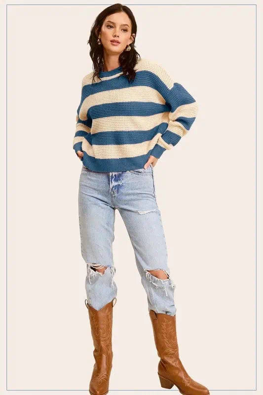 Striped Round Neck Loose Fit Sweater Tops