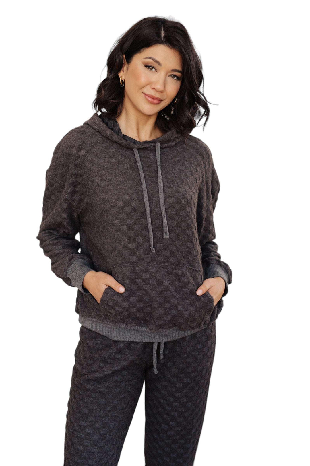 Checkered Hooded Top and Pants Loungewear Set Small Charcoal Grey Pants Sets
