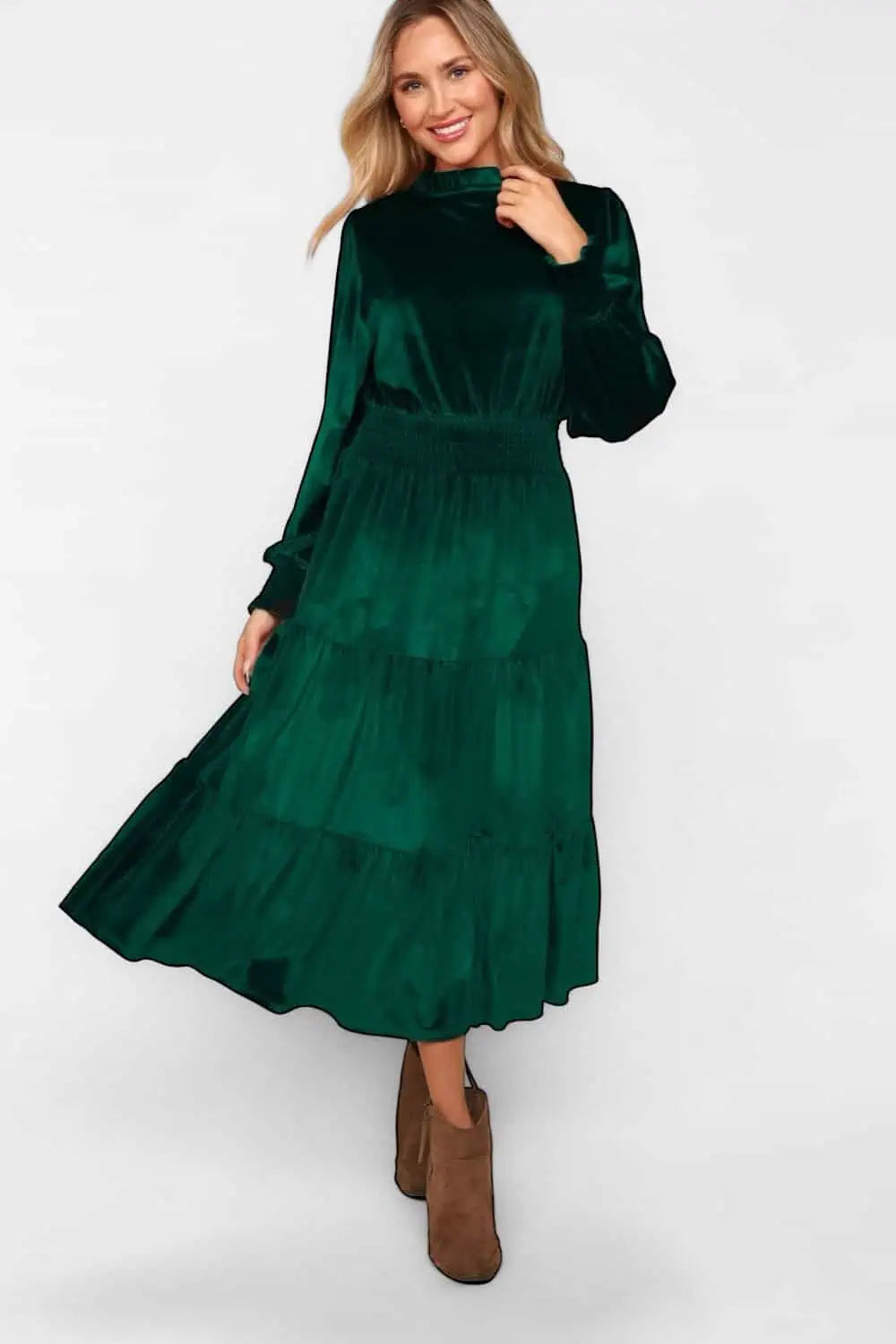 Haptics Mock Neck Smocked Waist Velvet Tiered Dress Tops