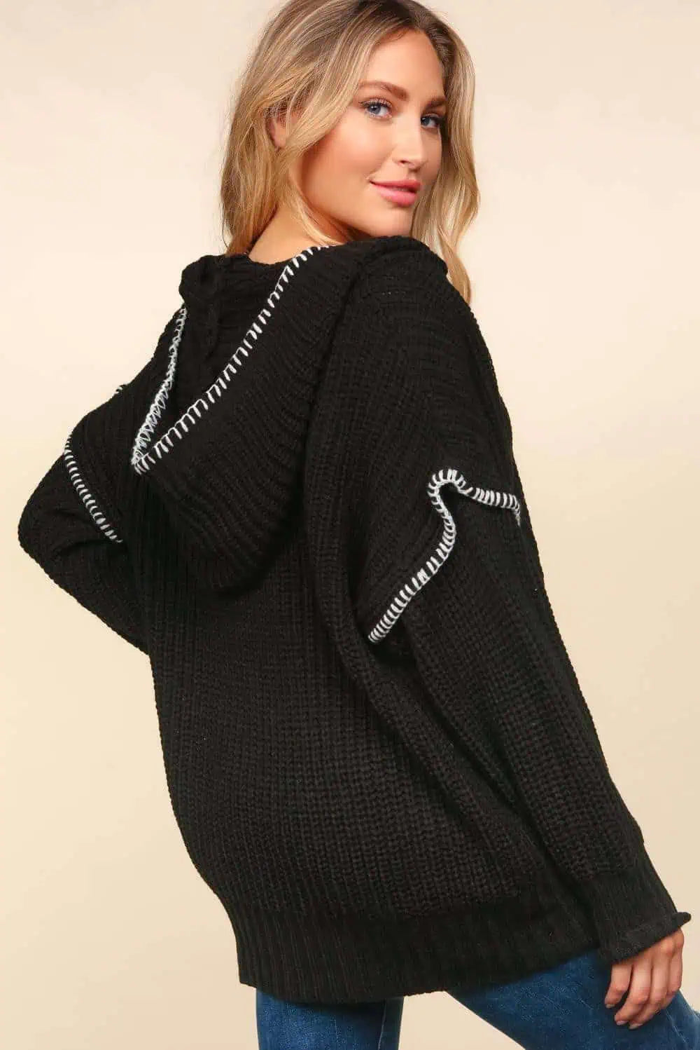 Haptics Notched Neck Long Sleeve Hooded Pullover Tops