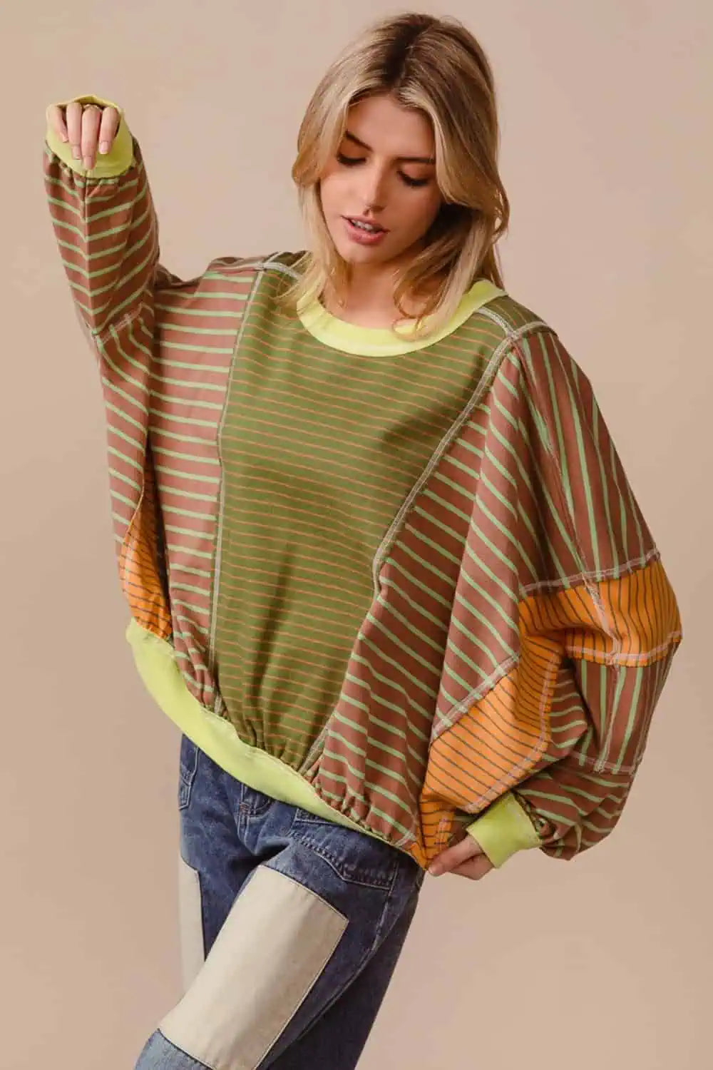 BiBi Color Block Striped Round Neck Sweatshirt Tops