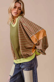 BiBi Color Block Striped Round Neck Sweatshirt Tops