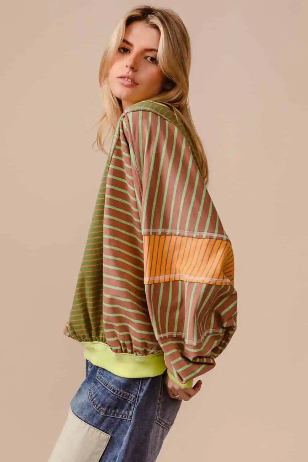 BiBi Color Block Striped Round Neck Sweatshirt Tops