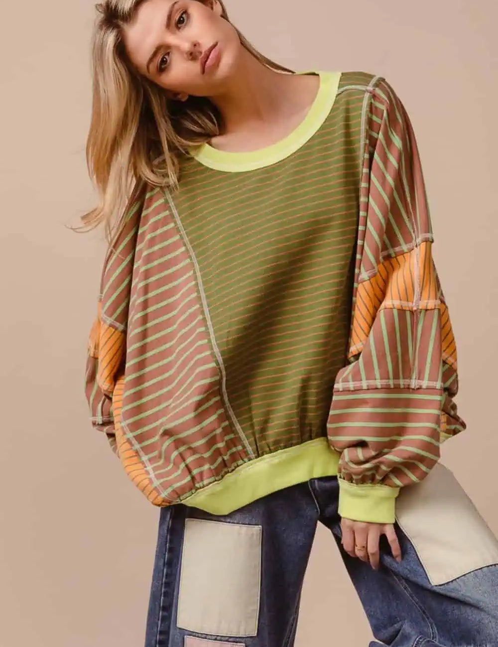 BiBi Color Block Striped Round Neck Sweatshirt Tops