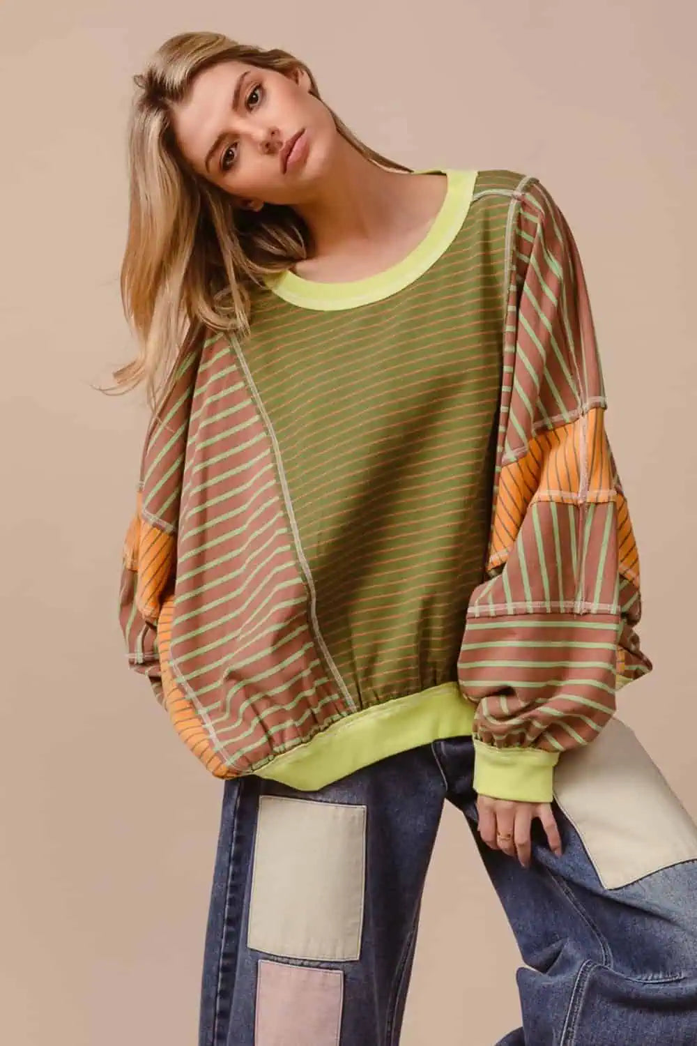 BiBi Color Block Striped Round Neck Sweatshirt Tops