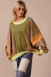 BiBi Color Block Striped Round Neck Sweatshirt Tops