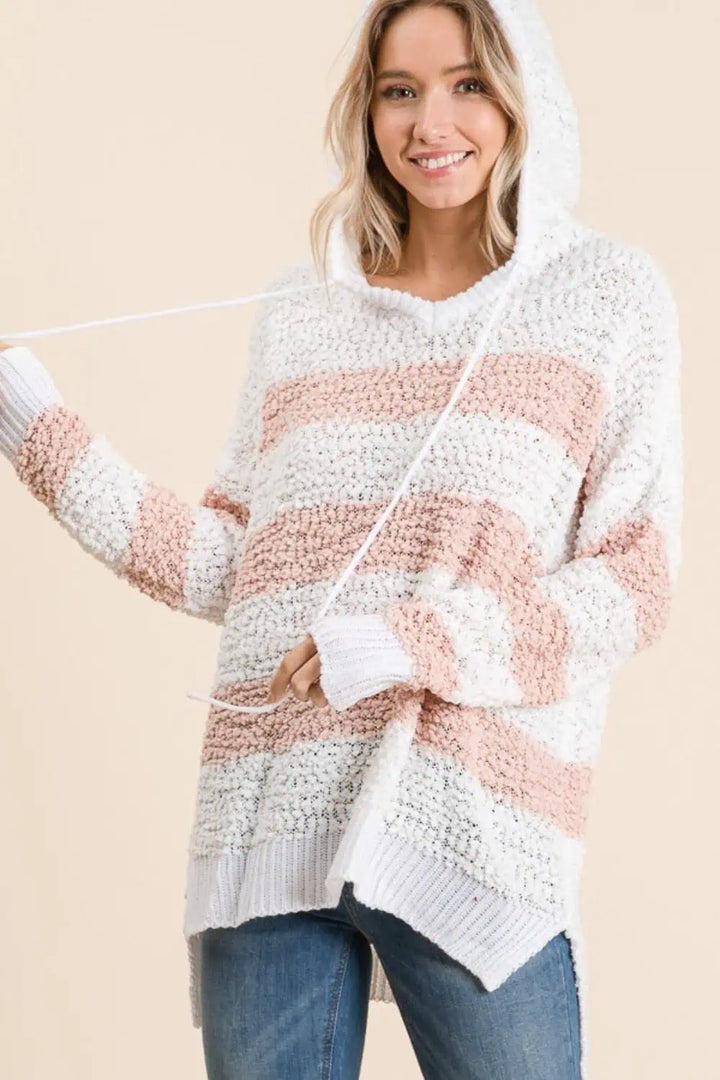 High-Low Striped Popcorn Hoodie Sweater Tops